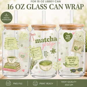 Diseño PNG para lata de matcha con temática femenina / Diseño para vaso Libbey de 473 ml / Archivo de sublimación