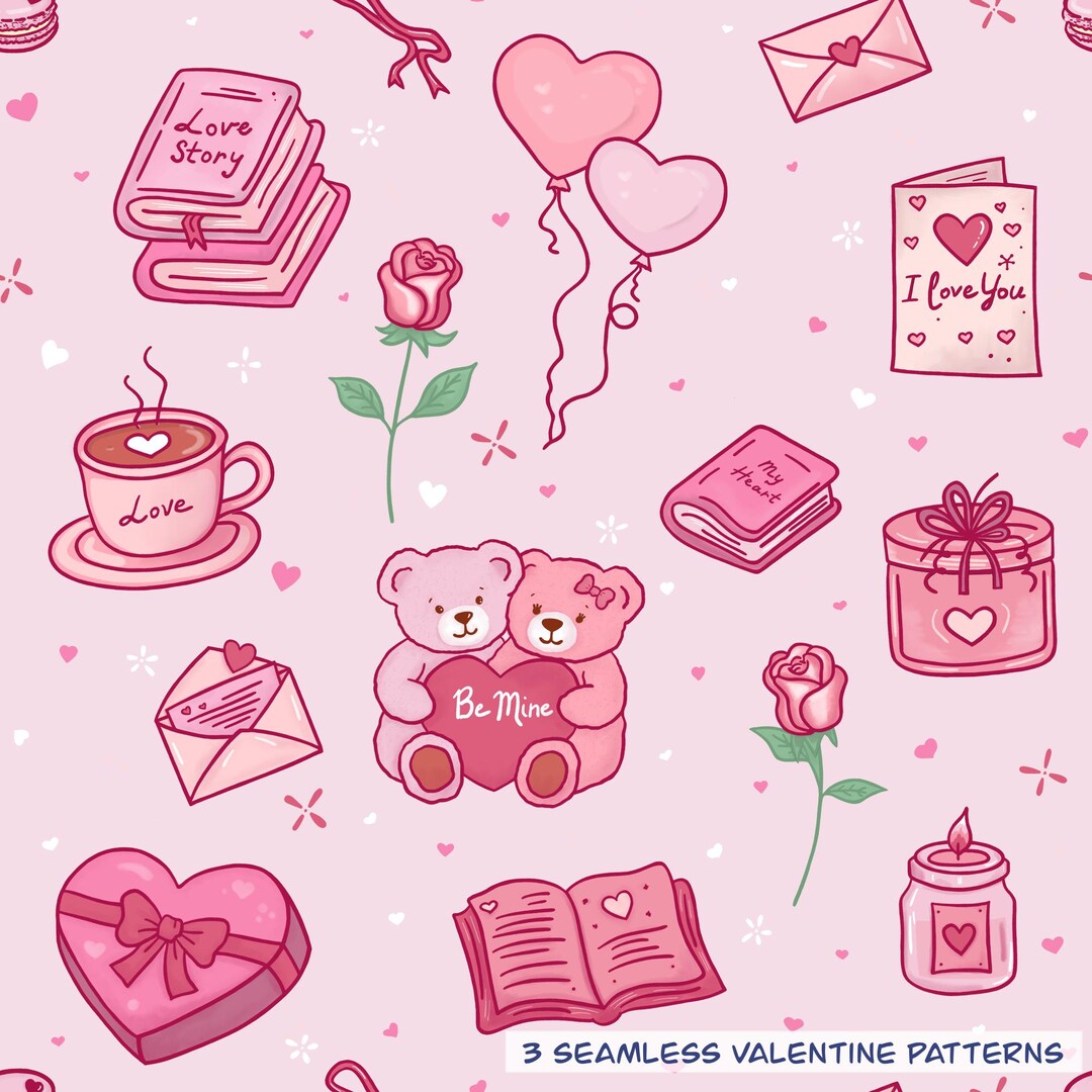 Teddy Bear Pattern Seamless Valentine Bundle, Pink Romantic Digital ...