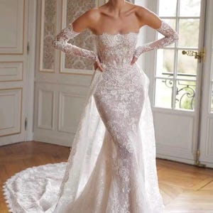 Luxury A-Line Wedding Dress, Elegant Chapel Train Bridal Gown, off-shoulder wedding dress, lace bridal dress, strapless wedding dress