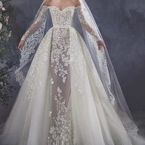 Luxury A-Line Wedding Dress, Elegant Chapel Train Bridal Gown, off-shoulder wedding dress, lace bridal dress, strapless wedding dress