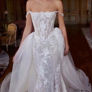 Luxury A-Line Wedding Dress, Elegant Chapel Train Bridal Gown, off-shoulder wedding dress, lace bridal dress.