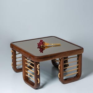 Handmade Walnut Coffee Table with Rope Detail Solid Wood Centerpiece  Rustic Modern Square Table