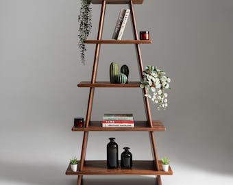 Solid Walnut Bookcase – Handmade Tiered Wooden Bookshelf – Narrow Standing Shelf for Living Room or Office