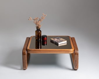 Handmade Solid Walnut Coffee Table, Tempered Glass Center Table, Custom Living Room Wood Furniture, Minimalist Coffee Table