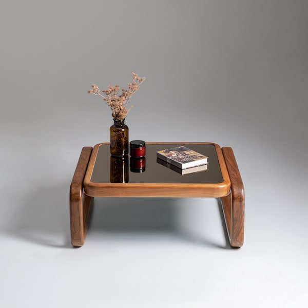 Solid Walnut Coffee Table with Tempered Glass, Mid Century Modern Wood Center Table, Handmade Minimalist Furniture, Large Unique Home Gift