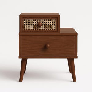 Walnut Rattan Nightstand with Wireless Charging – Modern Wooden Bedside Table