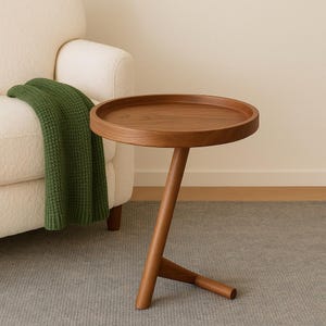 May include: A round, wooden side table with a tray-like top and a unique angled leg design. The table is made of a warm-toned wood and stands approximately 20 inches tall. The table is next to a white armchair with a green blanket draped over it.