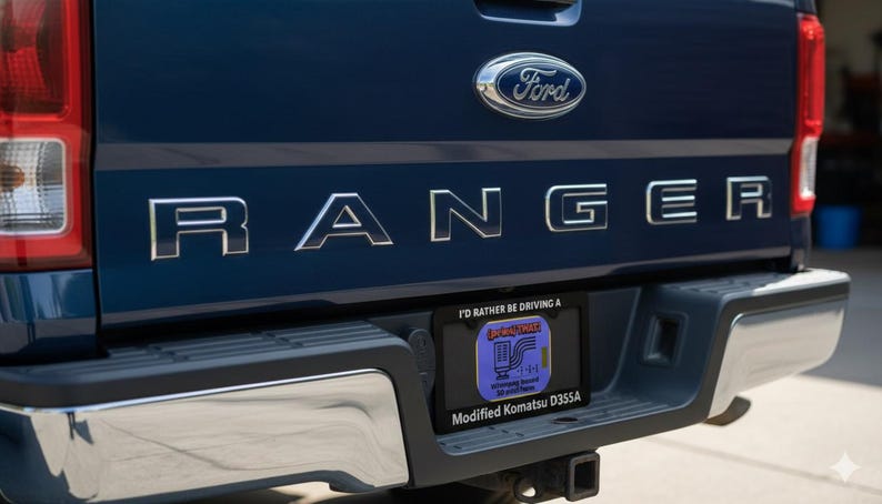 Puede incluir: Primer plano de la parte trasera de una camioneta Ford Ranger azul oscuro. La palabra "RANGER" se muestra en letras plateadas. Un marco de matr&iacute;cula dice "I'D RATHER BE DRIVING A" y "Modified Komatsu D355A".