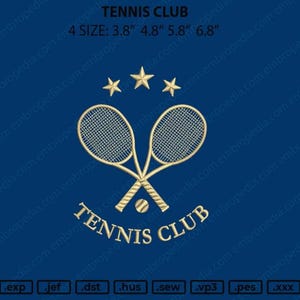 Puede incluir: Diseño de bordado dorado de dos raquetas de tenis cruzadas con una pelota de tenis en el centro. El diseño incluye tres estrellas doradas y el texto "TENNIS CLUB". Disponible en cuatro tamaños: 3,8 pulgadas, 4,8 pulgadas, 5,8 pulgadas y 6,8 pulgadas.