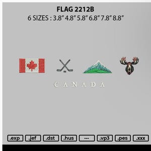 May include: An image featuring embroidered designs with a Canadian theme. Includes a Canadian flag, crossed hockey sticks, a mountain scene, and a moose head. The word "CANADA" is displayed below the images. The design sizes range from 9.65 cm to 22.35 cm.