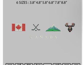 Puede incluir: Imagen con diseños bordados de temática canadiense. Incluye una bandera canadiense, palos de hockey cruzados, una escena de montaña y una cabeza de alce. La palabra "CANADA" se muestra debajo. Los tamaños de los diseños varían de 9,65 cm a 22,35 cm.