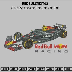 Puede incluir: Diseño bordado de un coche de carreras de Fórmula 1 negro con logotipos de Red Bull y el texto "Red Bull Racing". El coche está sobre un fondo gris. Disponible en seis tamaños: 3,8", 4,8", 5,8", 6,8", 7,8" y 8,8".