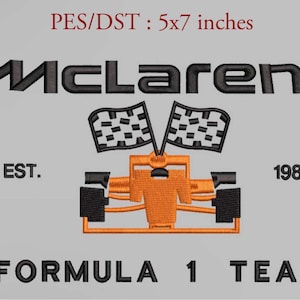 May include: Black and orange embroidered patch featuring the McLaren Formula 1 Team logo. The logo includes the McLaren name, chequered flags, a stylised race car, and the text "EST. 1985". The patch measures 5x7 inches.