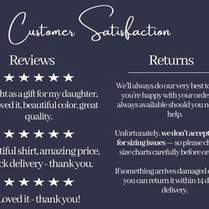 May include: Dark blue graphic with the text "Customer Satisfaction" in a cursive font. Below, the word "Reviews" is followed by five stars, and customer feedback. The right side has "Returns" and return policy information.