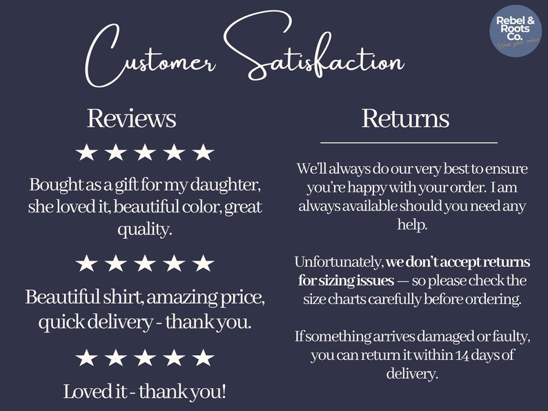 May include: Dark blue graphic with the text "Customer Satisfaction" in a cursive font. Below, the word "Reviews" is followed by five stars, and customer feedback. The right side has "Returns" and return policy information.