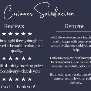 May include: A dark blue informational graphic titled Customer Satisfaction with the Rebel & Roots Co. logo. It displays three five-star reviews and a returns policy stating that returns for sizing issues are not accepted, but damaged items are.