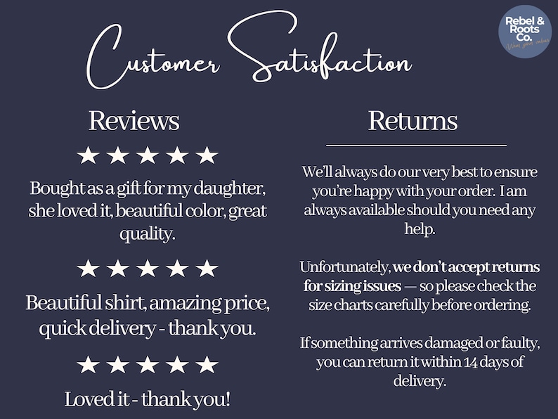 May include: A dark blue informational graphic titled Customer Satisfaction with the Rebel & Roots Co. logo. It displays three five-star reviews and a returns policy stating that returns for sizing issues are not accepted, but damaged items are.