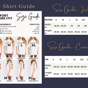 May include: A T-Shirt Guide for Comfort Colors 1717 featuring a size chart with width and length measurements in inches and centimeters. The graphic displays four white t-shirts in sizes S, M, L, and XL, illustrating relaxed, loose, oversized, and dress shirt fits.