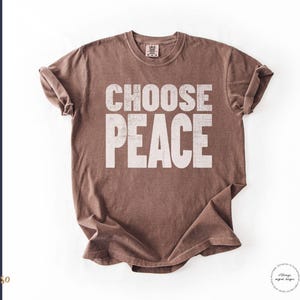 May include: A short-sleeved crew neck t-shirt in a solid espresso brown color. The front of the shirt features the text CHOOSE PEACE printed in a large, distressed, off-white block font. The garment has a standard fit with rolled sleeves.