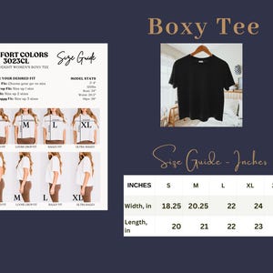 May include: A black boxy t-shirt displayed on a hanger, accompanied by a size guide chart. The chart includes text for Comfort Colors 3023CL, fit descriptions, model stats, and a table listing widths from 18.25 to 26 inches and lengths from 20 to 24 inches.