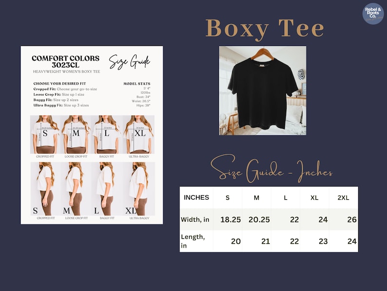 May include: A black boxy t-shirt displayed on a hanger, accompanied by a size guide chart. The chart includes text for Comfort Colors 3023CL, fit descriptions, model stats, and a table listing widths from 18.25 to 26 inches and lengths from 20 to 24 inches.