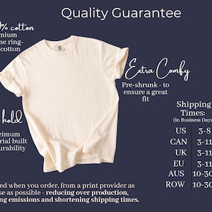 May include: A plain cream-colored t-shirt displayed against a dark background. Text on the image includes Quality Guarantee, 100% cotton premium airlume ring-spun cotton, Extra Comfy, Strong hold, and details regarding shipping times and production.