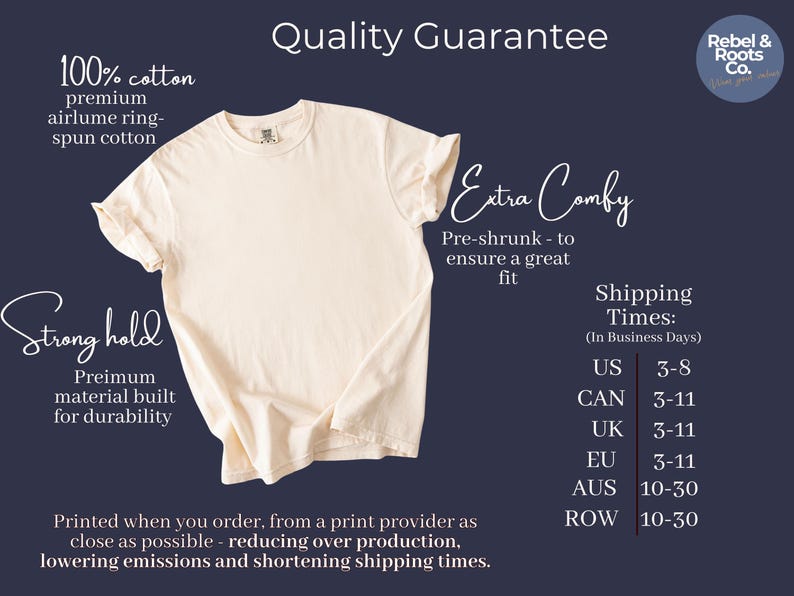 May include: A plain cream-colored t-shirt displayed against a dark background. Text on the image includes Quality Guarantee, 100% cotton premium airlume ring-spun cotton, Extra Comfy, Strong hold, and details regarding shipping times and production.