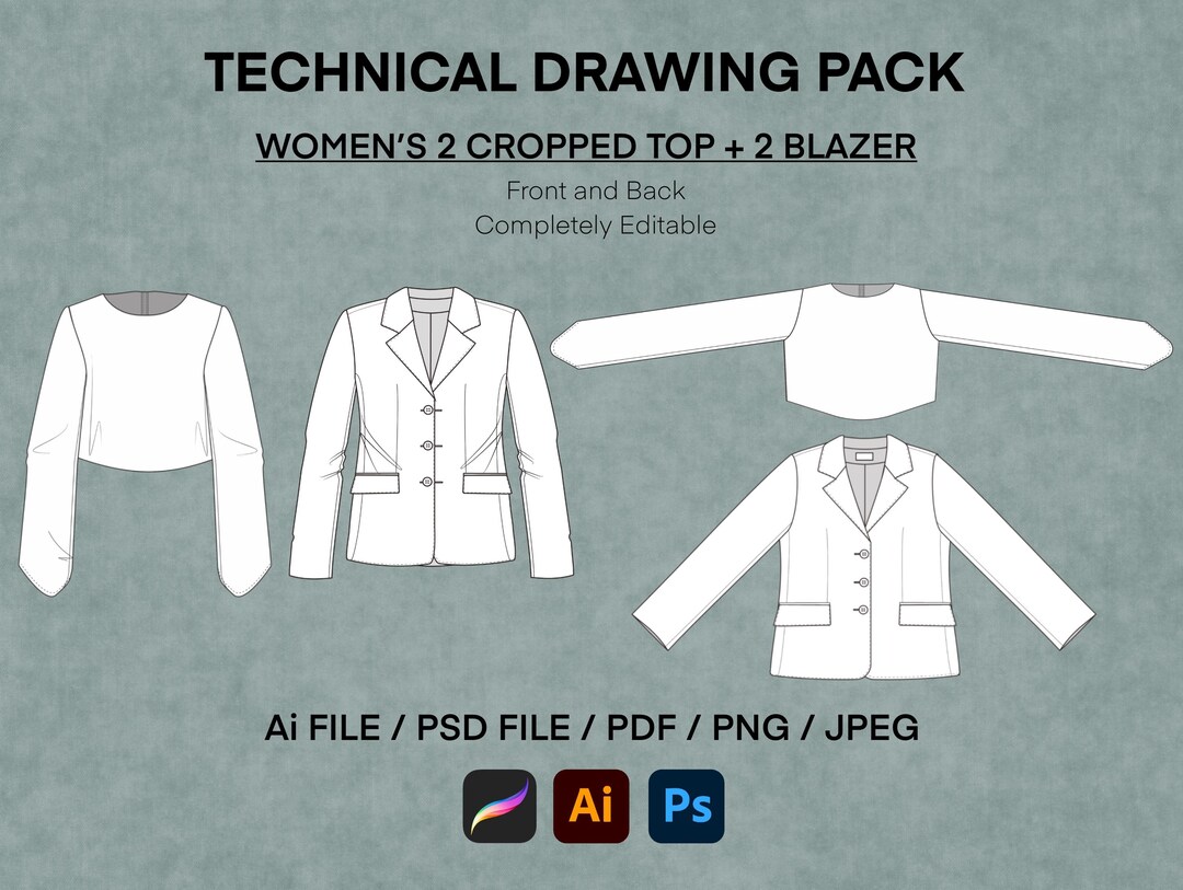 Technical Drawing Pack, 2 Women's Cropped Top + 2 Tailored Blazer ...