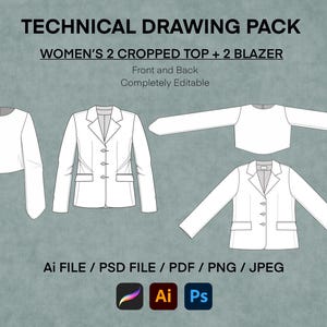 Technical Drawing Pack, 2 Women&#39;s cropped top + 2 tailored blazer, Vector Illustrator Mockup Sketch Tech Pack Flat Technical Fashion Drawing