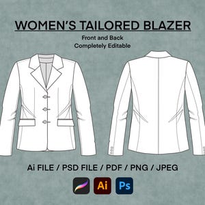 Può includere: Un modello di blazer bianco per la progettazione di moda. Le viste anteriore e posteriore sono mostrate, con il testo "Women's Tailored Blazer" e "Front and Back Completely Editable" in alto. Il testo "Ai FILE / PSD FILE / PDF / PNG / JPEG" è in basso nell'immagine.