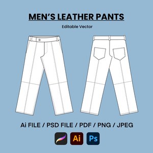 Men's Leather Pants Technical Drawing, Fashion Design Details, Editable AI PSD Procreate Files, Digital Fashion Flats