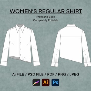 Può includere: Un design di camicia bianca a maniche lunghe, mostrato da davanti e da dietro. Il testo "WOMEN'S REGULAR SHIRT" è in alto. Opzioni file: Ai FILE / PSD FILE / PDF / PNG / JPEG.
