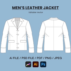 Può includere: Un'illustrazione vettoriale di una giacca che mostra le viste anteriore e posteriore. Il testo recita MEN'S LEATHER JACKET, Editable Vector, Ai FILE / PSD FILE / PDF / PNG / JPEG. La giacca presenta un colletto a revers, quattro bottoni e due tasche.