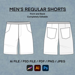Può includere: Design di pantaloncini bianchi, vista fronte e retro, con tasche e fascia elastica in vita. L'immagine include il testo "MEN'S REGULAR SHORTS" e le opzioni di file: Ai, PSD, PDF, PNG e JPEG. Il design è completamente modificabile.
