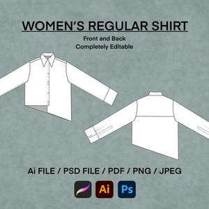 Può includere: Un design di camicia bianca a maniche lunghe, mostrato dalla vista anteriore e posteriore. Il testo "WOMEN'S REGULAR SHIRT" è in alto, con "Front and Back" e "Completely Editable" sotto. Formati file: Ai, PSD, PDF, PNG e JPEG.
