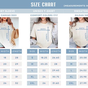 May include: Size chart for short sleeve, unisex t-shirt, and sweatshirt styles. Measurements are in inches. The chart includes sizes S to 2XL, with width and length measurements for each size. The short sleeve Bella Canvas 3001 has a width of 45.7 cm for size S and a length of 71.1 cm.