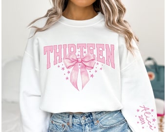 13th Birthday Custom Gift,Coquette Bow Thirteenth Birthday for Girls Hoodie Y2K,Personalized 13th Birthday Party,Teenage Birthday Sweatshirt