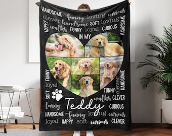 May include: Black fleece blanket with a heart-shaped collage of dog photos. The words "Teddy" and "In My Heart" are printed on the blanket. The blanket is surrounded by words describing a dog's personality, such as "handsome", "funny", "loving", and "loyal".