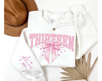 13th Birthday Custom Gift, Coquette Bow Thirteenth Birthday for Girls Hoodie Y2K, Personalized 13th Birthday Party, Teenage Birthday Sweater