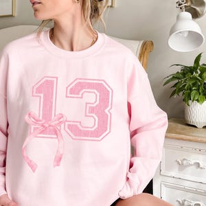 May include: Pink sweatshirt with a large pink number "13" printed on the front. A pink ribbon is tied around the number.