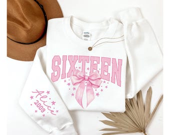 16th Birthday Custom Gift, Coquette Bow Sixteenth Birthday for Girls Hoodie Y2K, Personalized 16th Birthday Party, Teenage Birthday Sweater