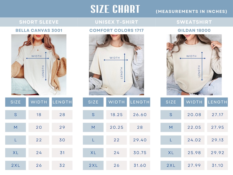 May include: Size chart for short sleeve, unisex t-shirt, and sweatshirt styles. The chart shows measurements in inches for width and length for sizes S, M, L, XL, and 2XL. The brands listed are Bella Canvas 3001, Comfort Colors 1717, and Gildan 18000.