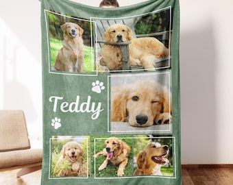 May include: A green fleece blanket with a collage of photos of a golden retriever dog. The blanket has the name "Teddy" printed on it with paw prints.
