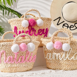 Personalisierte Stroh Brautjungfer Strandtasche, Brautjungfer Strandtasche, Junggesellinnenabschied Geschenktasche, kundenspezifischer Handgeschenkkorb, Brautjungfer Geschenkkorb
