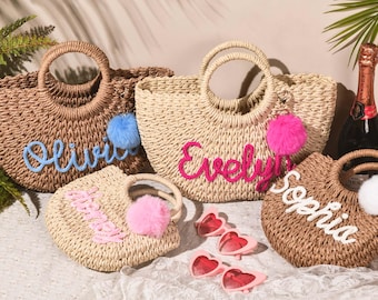 Personalized straw bridesmaid handbag,Bridesmaid Gift basket,Bridesmaid beach bag,Bachelorette party gift bag,Custom hand-held gift basket