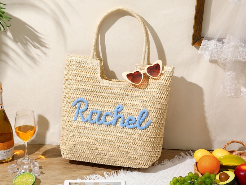 Personalized Crochet Straw Beach Tote Bag, Bridesmaid Wedding Gift, Travel Beach Tote, Bachelorette Party Favors, Bridal Shower Bag image 17
