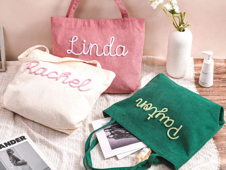 Personalized Embroidered Corduroy Tote,Custom Name Tote Bag,Bridesmaid Gift,Gift for Her,Travel Bag,Bachelorette Gift,Christmas Gift image 16