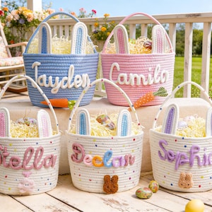 子供用パーソナライズイースターバスケット、ロープコットンベビーギフトバスケット、カスタムネームバスケット、イースターエッグハントバスケット、ベビーシャワーギフト、バニーバスケット