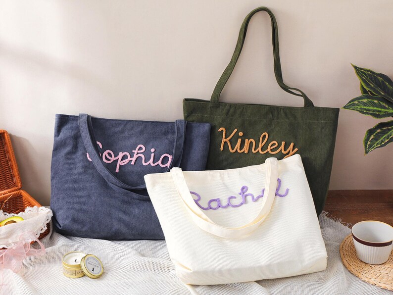 Personalized Embroidered Corduroy Tote,Custom Name Tote Bag,Bridesmaid Gift,Gift for Her,Travel Bag,Bachelorette Gift,Christmas Gift image 3