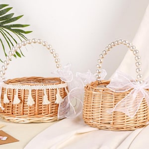 Rustic Flower Girl Basket with Pearl Handle,Flower girl basket rattan,Wicker Basket with Ribbon Bow,Wedding wicker basket,Boho Bridal Basket